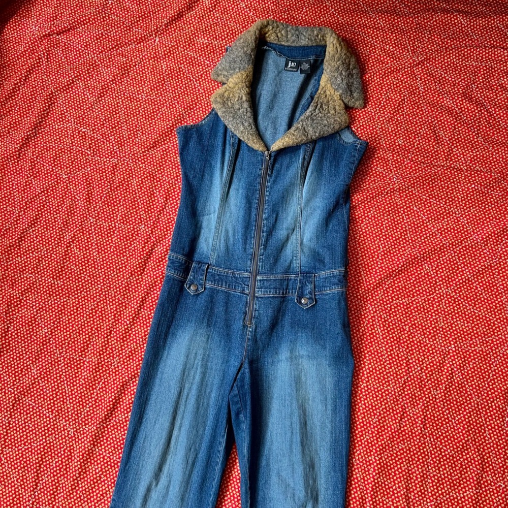 JLO by Jennifer Lopez Vintage Denim Jumpsuit Faux Fur Collar Blue XL